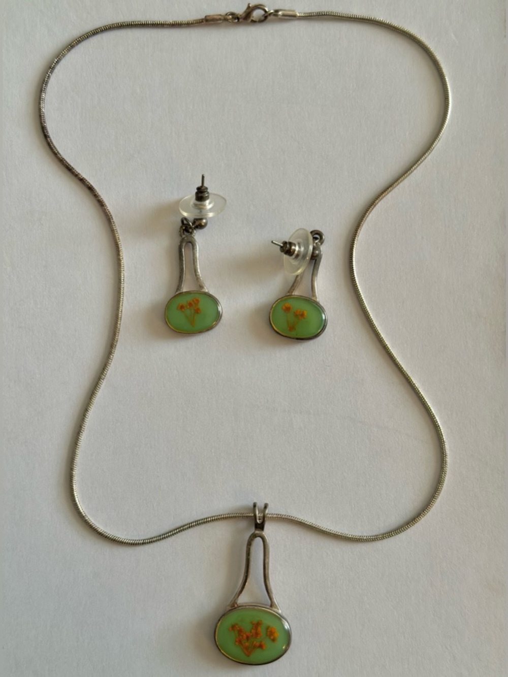 Sterling Silver Green Floral Pendant Necklace and Earring Set